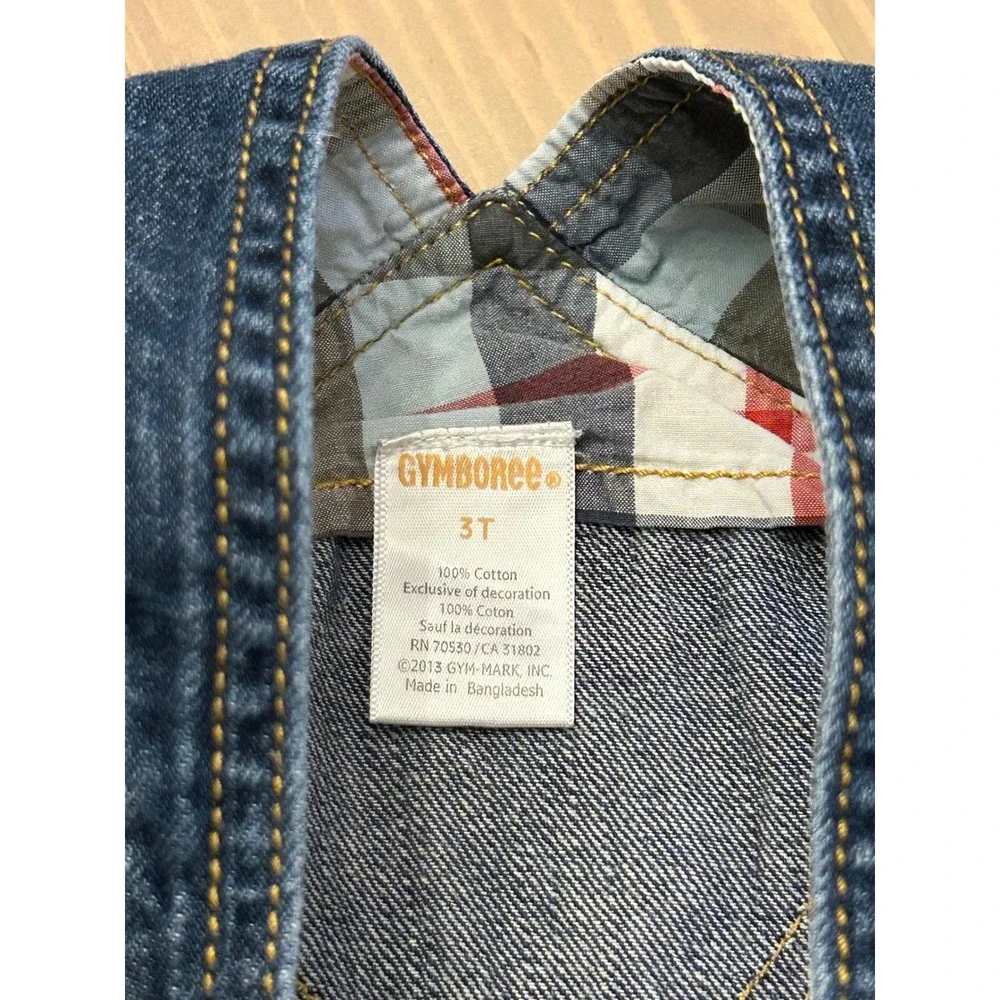 Cc23 Gymboree Boys Denim Overalls 3T Blue Plaid Lined Truck Embroidered Jeans